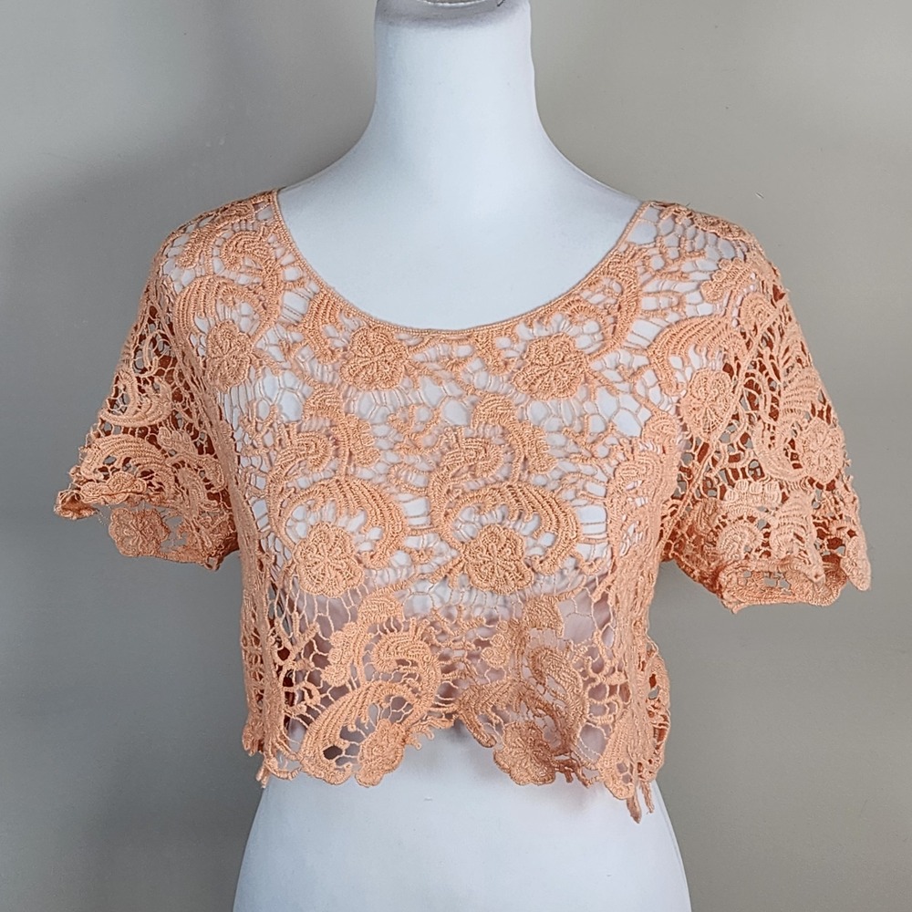 Lace Crop Top Mesh Womens Medium Cotton Peach Fairy Y2K Style Festival Boho Top